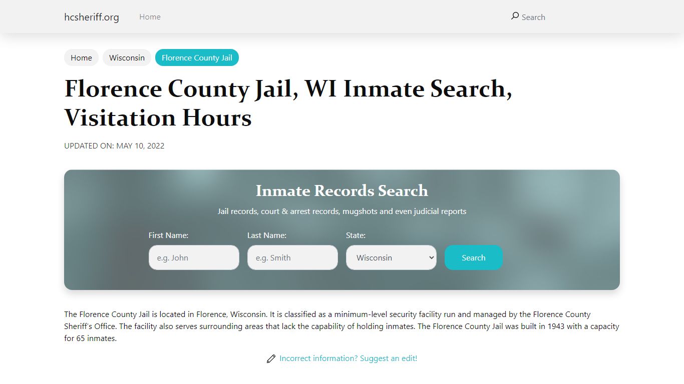 Florence County Jail, WI Inmate Search, Visitation Hours